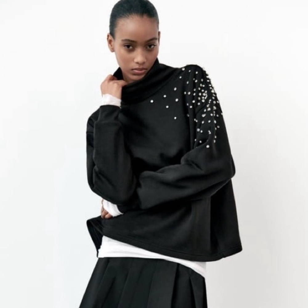 Zara Black Sweater with Pearl Accents